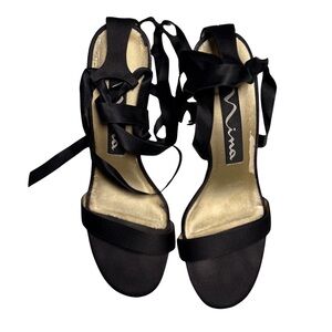 Nina Black Satin Heels with Ribbon Straps